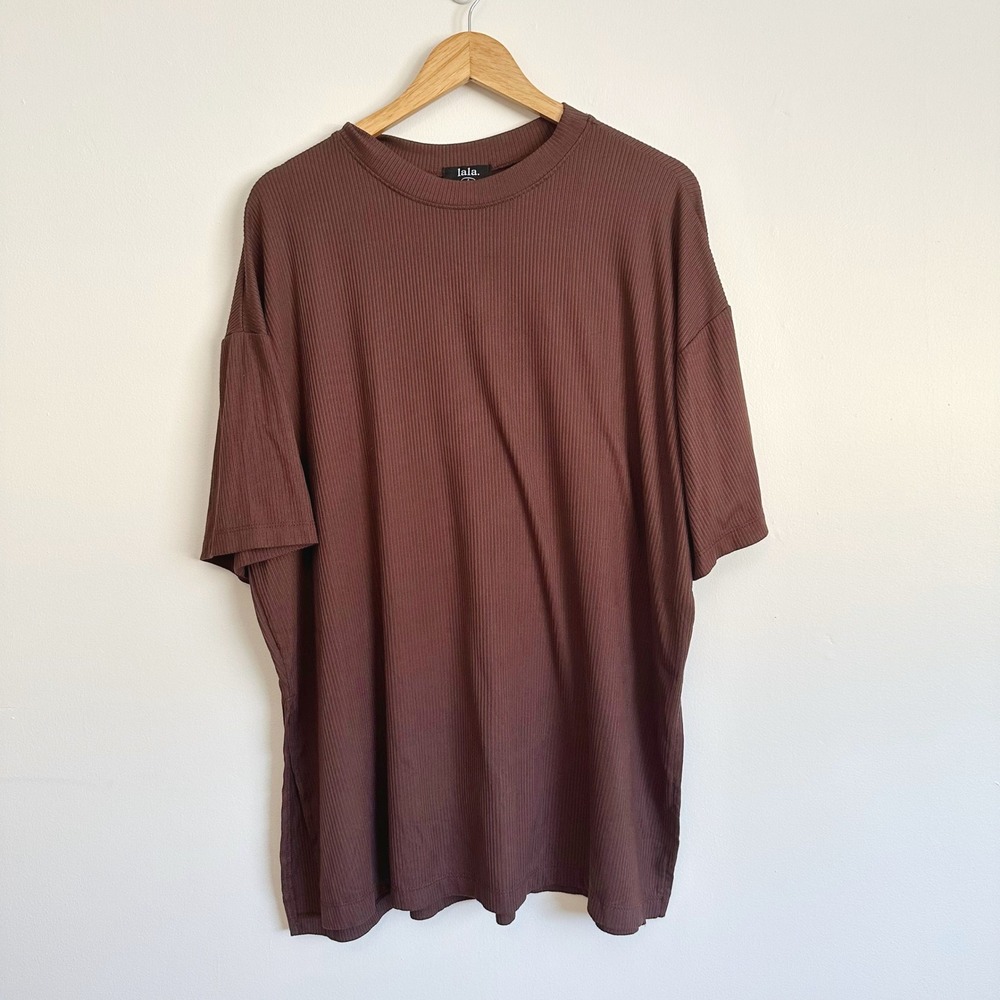 Dressed in LaLa Lex Ribbed Shirt Large Brown Oversized Tunic Stretchy Relaxed